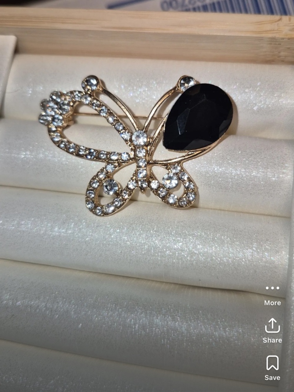 Elegant Gold Butterfly Brooch with Black Gem and Clear Crystals